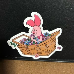 PIGLET IN PICNIC  BASKET OF FLOWERS STICKER